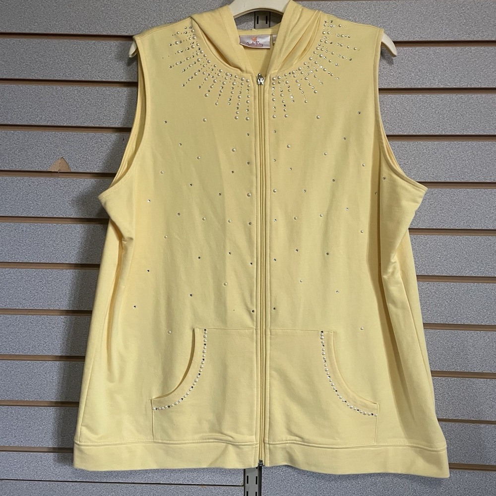 Quacker Factory Women's Zippered Sweater Sleeveless Hooded‎ Yellow L Rhinestones
